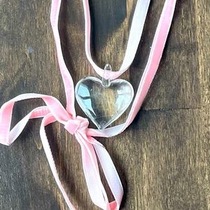 Pink Bow Choker Necklace with Glass Heart Pendant